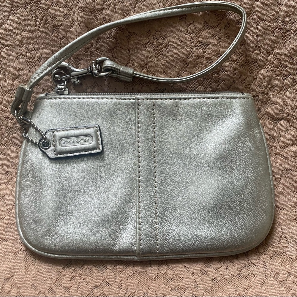 Coach Silver Metallic Clutch with Structured Design